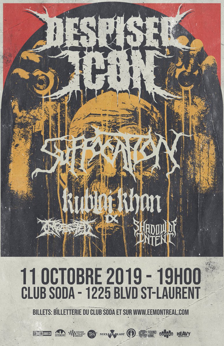 Can’t wait to play at home! Montreal, see you October 11th at Club Soda with Suffocation, Kublai Khan, Ingested and Shadow Of Intent. Tickets: eemontreal.com/shows/despised…