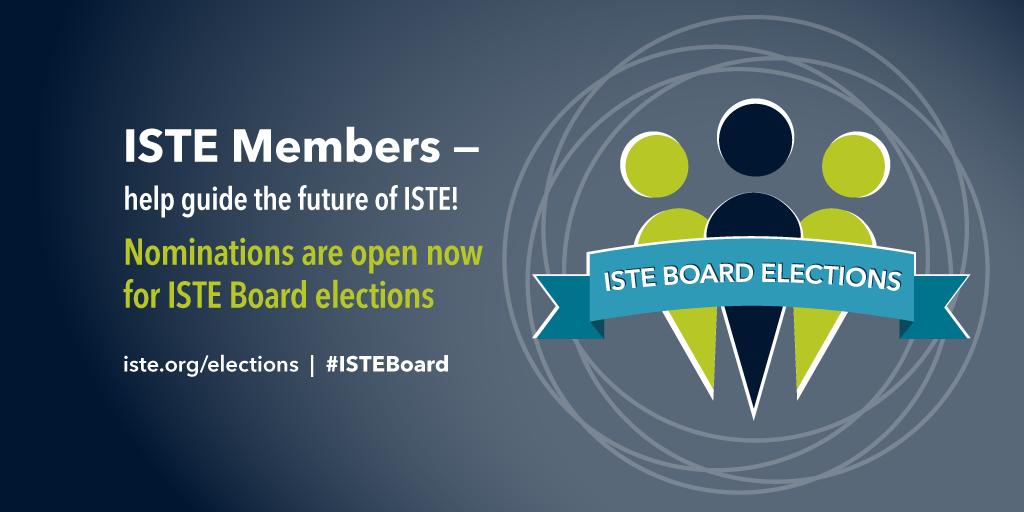 ISTE members, lend your voice to the future of edtech! We have 3 available board positions, and we need your input. Nominations are now open until Sept. 3. iste.org/elections #ISTE #Edtech #ISTEboard