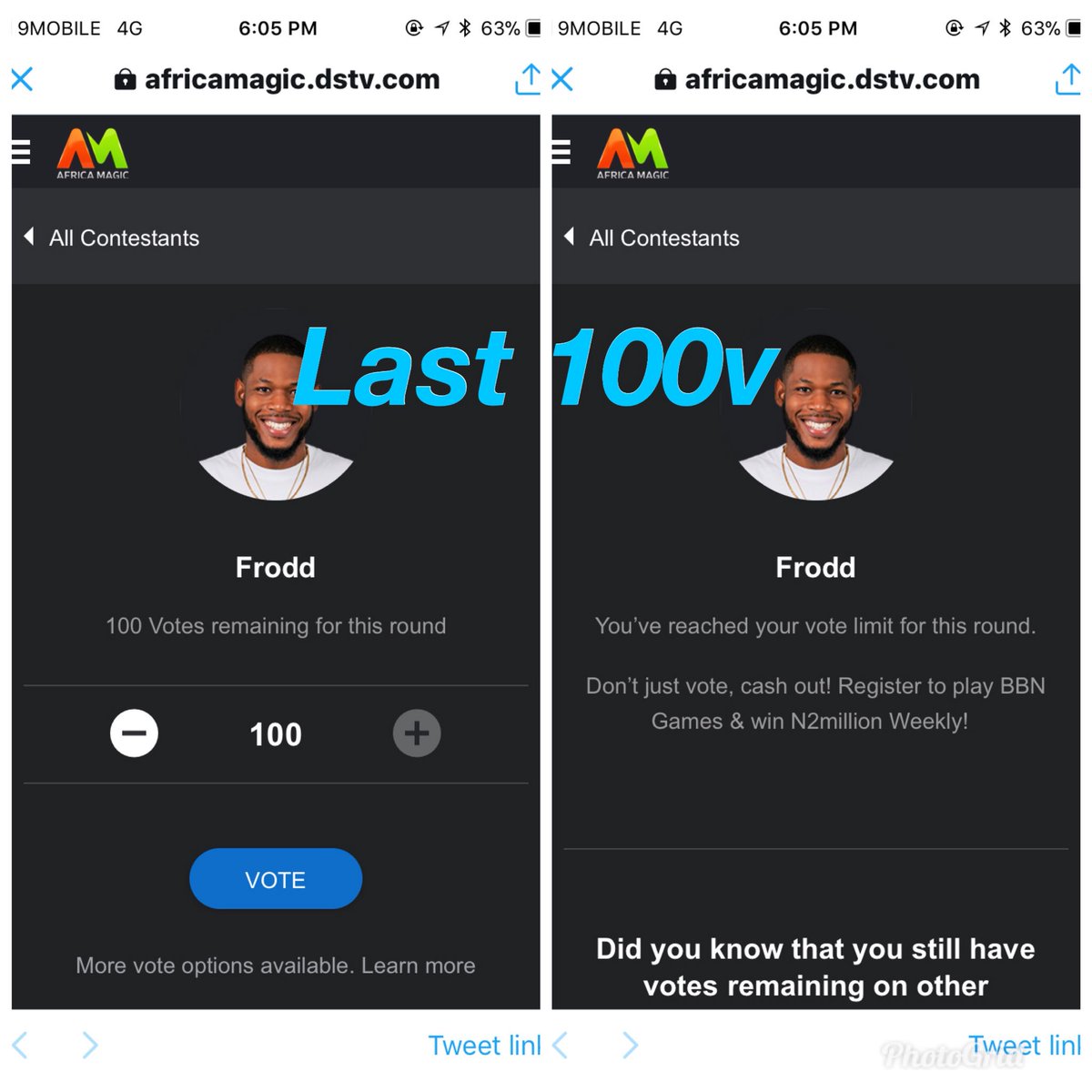 Stolastar111's tweet photo. Last 100v for frodd..Total of #400v #Teamfrodd #Teamomashola✌️✌️✌️ we die here (omashola & frodd) #Bbnaija https://t.co/LySfZLsaDG