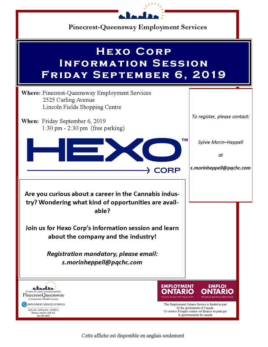 PQ_Employment's tweet photo. Interested in learning about a career in the Cannabis industry? Join us for an information session with Hexo Corp on September 6th! Register to reserve your spot today:  https://t.co/SsR67s41Vu https://t.co/7s4yOgpTBX
