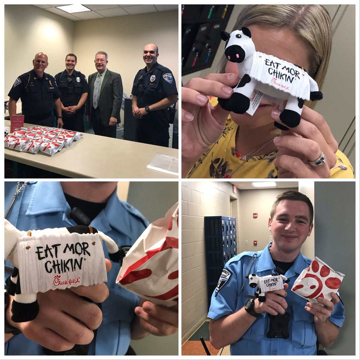 GrandChutePD's tweet photo. EAT MOR CHIKIN!
A huge thank you to Chick-fil-A for stopping by the PD today with some lunch for our officers!
#Lunchtime
#EatMorChikin
#WhereDidTheyAllGo https://t.co/HVO0bXJKVH