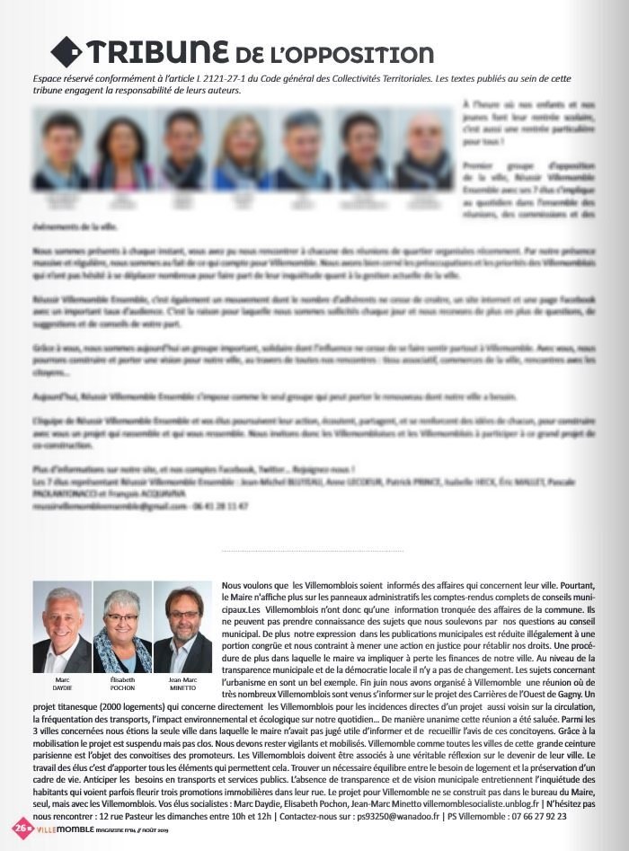 #Calméjane Maire de #Villemomble s'acharne sur l'opposition de gauche et refuse de respecter la loi. 2/3 de la page réservée a l'opposition pour la droite et 1/3 pour la gauche. Mise en page pour la droite. Texte au km pour la gauche ! La loi c'est la stricte égalité.