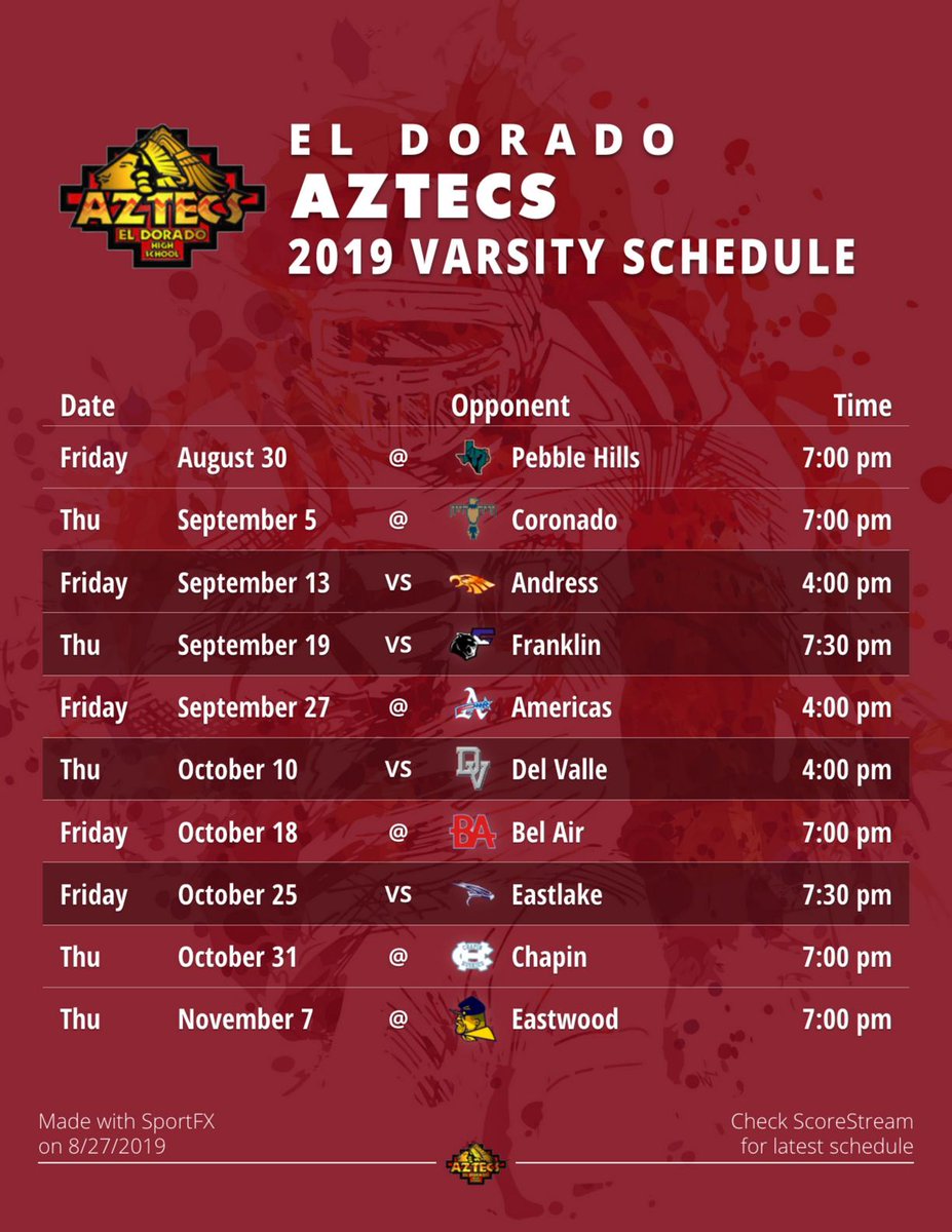 MicheleSStream's tweet photo. @aztecgoldedhs @El_DoFootball @AztecStuco your schedule is IN! (DM me if you see a mistake) Here is a 🏈 schedule I made with SportFX our new photo/video tool just for sports! ➡️ https://t.co/wb0oltzoNf https://t.co/y3OVzPGyqi