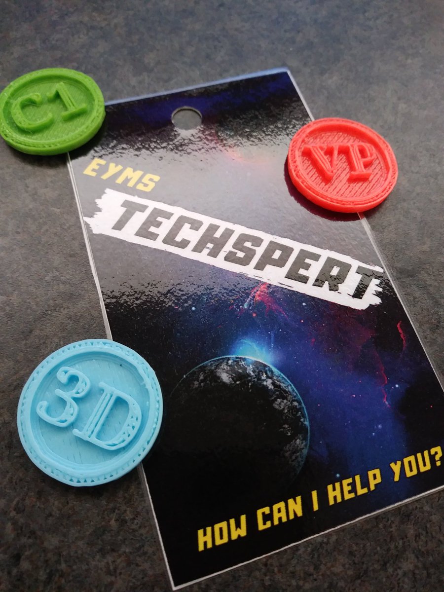 EYMSMediaCenter's tweet photo. Fresh off the press (and 3d printer)! Getting the badges and certification pins ready for this year's #Techspert team!!! @EYMSMediaCenter @eyms_york #3dprinting #videoproduction #chromebookrepair https://t.co/pjFOKKqKYh