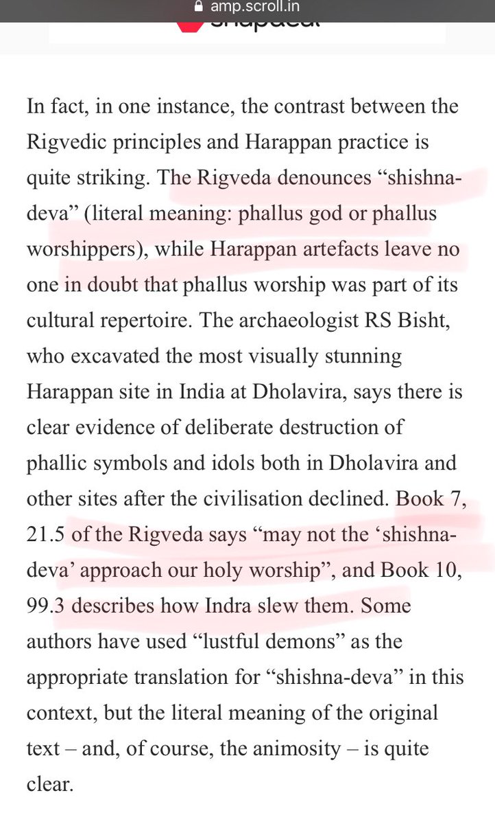 16/n Then  @tjoseph0010 tries to show cultural distinction between Aryans & Harappans using mistranslations of Vedas. He quotes RgVed (7.21.5,10.99.3) & translates “Shishnadeva” as “Phallus” calling Dravidians as Phallus worshiper while Aryans as hater through the quoted verses