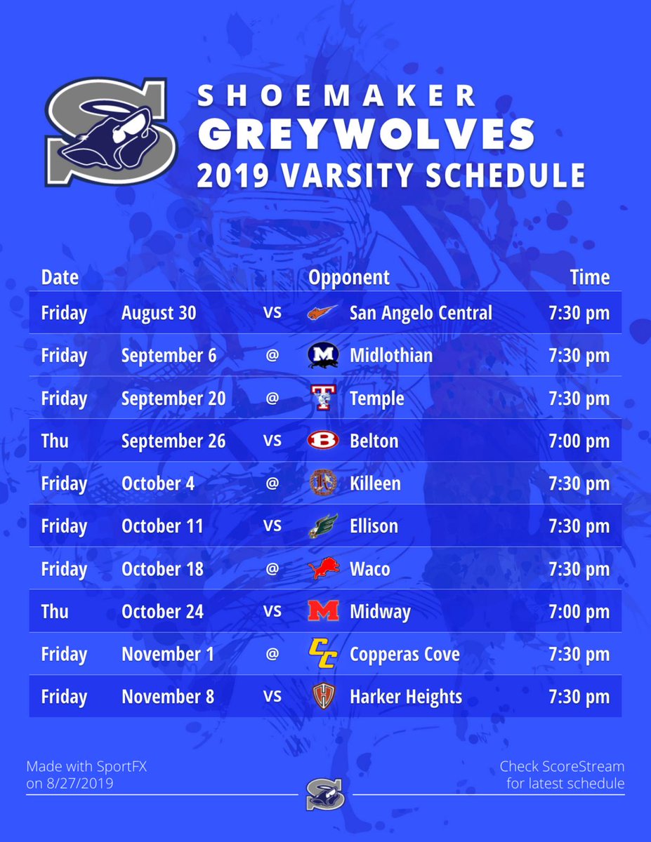 ScoreStreamMW's tweet photo. @ShoeWolfPack your schedule is done! (DM me any mistakes). And here is a 🏈 schedule I made with SportFX, our new photo/video tool just for sports. Use it for your team! ➡️ https://t.co/rtdLoztEBW https://t.co/4uGS26jPPY