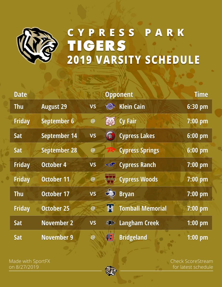 ScoreStreamMW's tweet photo. @CyParkAthletics @PeregrineJvhs @CyParkStuCo here is a 🏈 schedule I made with SportFX, our new sports photo/video tool! U can use it for your team this year! ➡️ https://t.co/rtdLoztEBW https://t.co/IkAx3uNoug