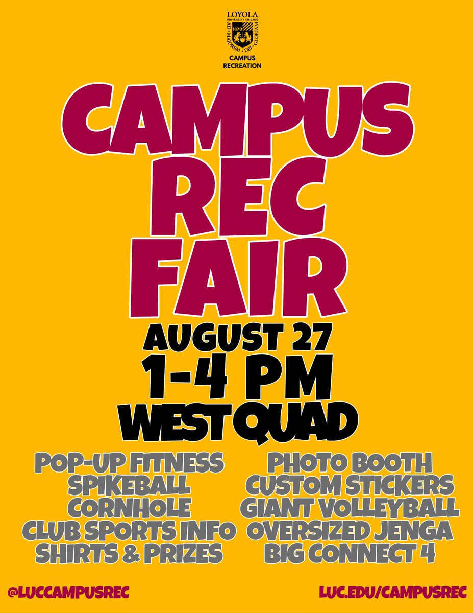 LUCCampusRec's tweet photo. Come check us out at our annual Campus Rec Fair today! 1-4 PM on the West Quad! https://t.co/4yvXTLasRp