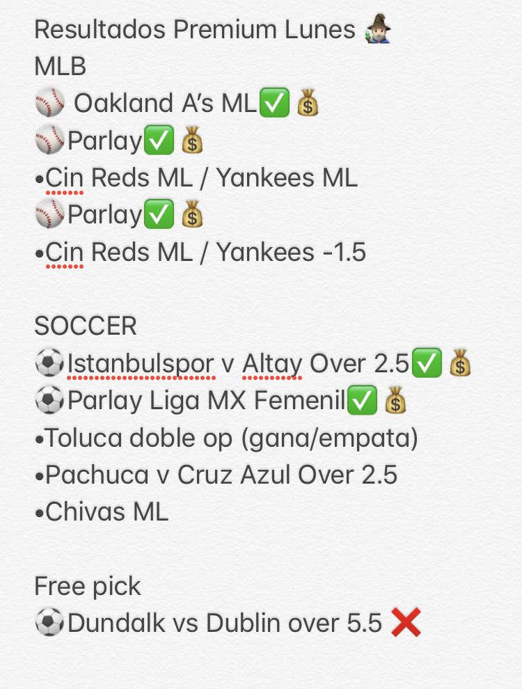 WizardPicks1's tweet photo. Excelente inicio de semana con los 5 Premium โ
๐ฐ
DM para info! รnete y empieza a ganar ๐ธ๐ค
#parlay #Picks #wizardpicks #soccer #mlb #apuestasdeportivas #money #moneymaker https://t.co/IxMmuVsDHo