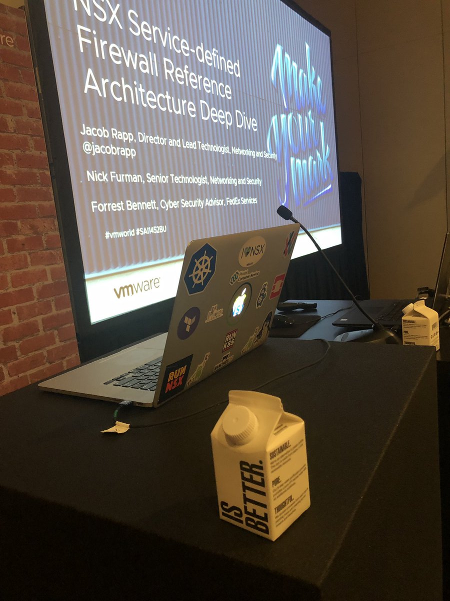 JacobRapp's tweet photo. Having some “sustainable box water” getting ready for our Service-defines firewall talk, the laptop is Nick Furman’s who is deep diving with a full end to end demo. https://t.co/dr11EFO0oX