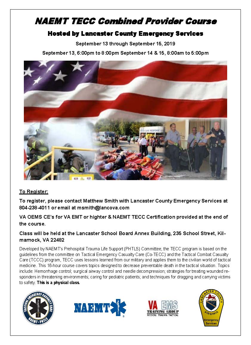 Tactical Emergency Casualty Care Course offering in Lancaster, VA

peninsulas.vaems.org/regional-servi…