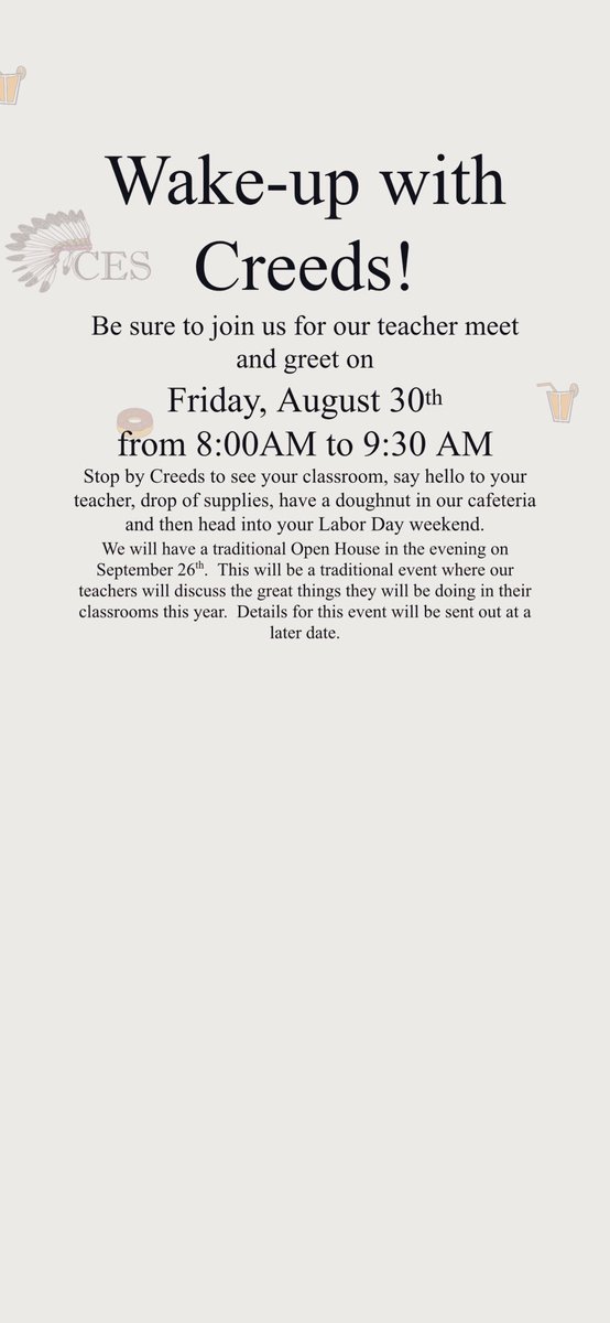 CreedsPTA's tweet photo. We are excited to see everyone this Friday at Wake Up With Creeds!! Don’t forget to stop by the cafeteria for a 🍩 and ☕️ https://t.co/xT0bwELB9B