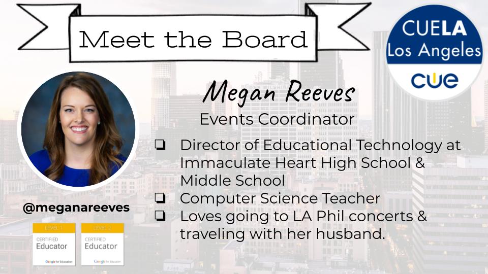 cuelosangeles's tweet photo. Meet the CUELA Board of Directors

Introducing: EVENTS COORDINATOR

@meganareeves
Megan Reeves

Have questions for her? Ask them here or comment on how you know Megan! 

#WeAreCUE #bettertogether #cuela https://t.co/yEnk0uW6Mo