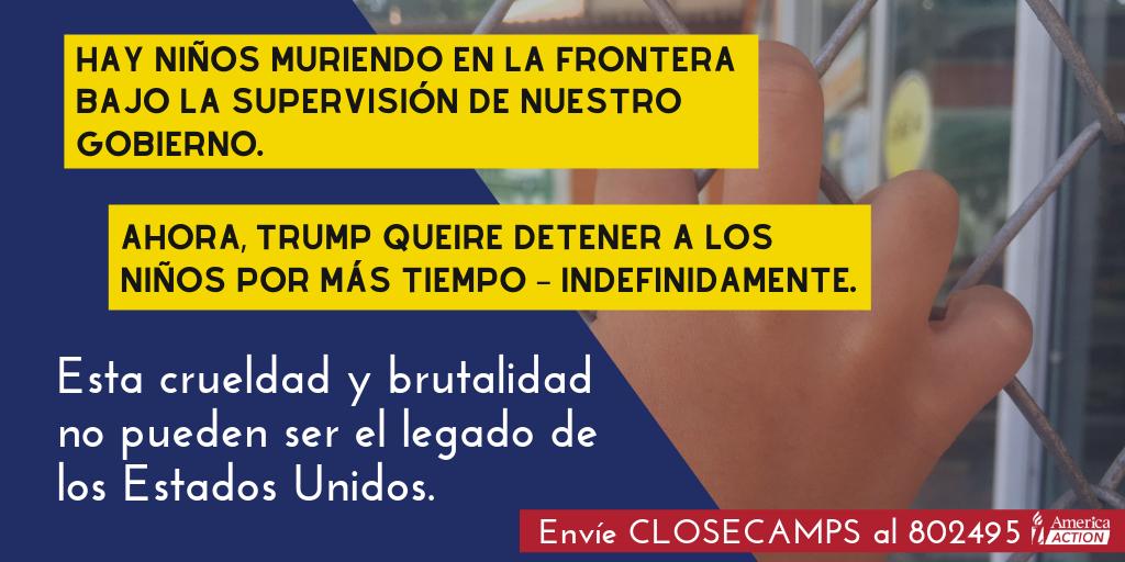 iAmericaAction's tweet photo. Demasiados niños ya han muerto en nuestras fronteras y la nueva regla de Trump para mantener a las familias en detención indefinidamente solamente aumentará esto. Las políticas migratorias de Trump son inhumanas y antiamericanas. Debemos detener esta regla inmediatamente. https://t.co/lM11ZwLwXn