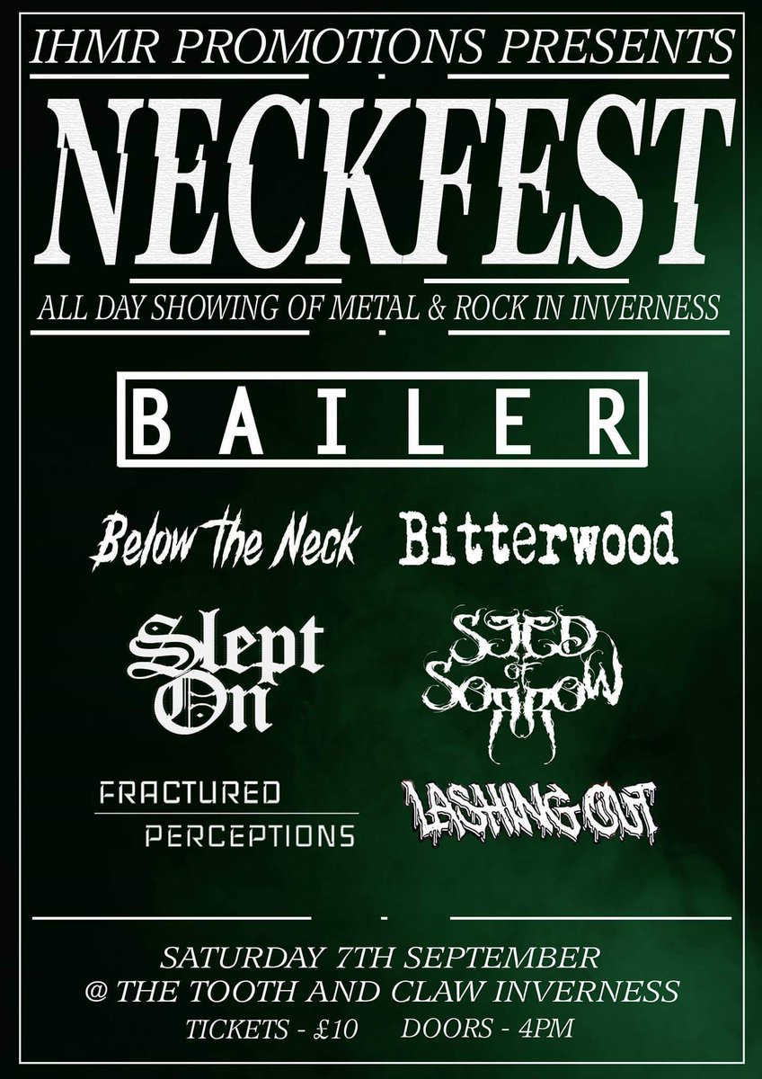 BAILEROfficial's tweet photo. Our first ever shows in Scotland are happening next week, and we're headlining this all dayer on Sat 7th of September in Inverness. Tickets ยฃ11, link in the comments ๐
#BAILER #NeckFest #BringTheRuckus #scottishhardcore #scottishmetal #BailerUK2019 #BailerLive https://t.co/7dYqT65HhC