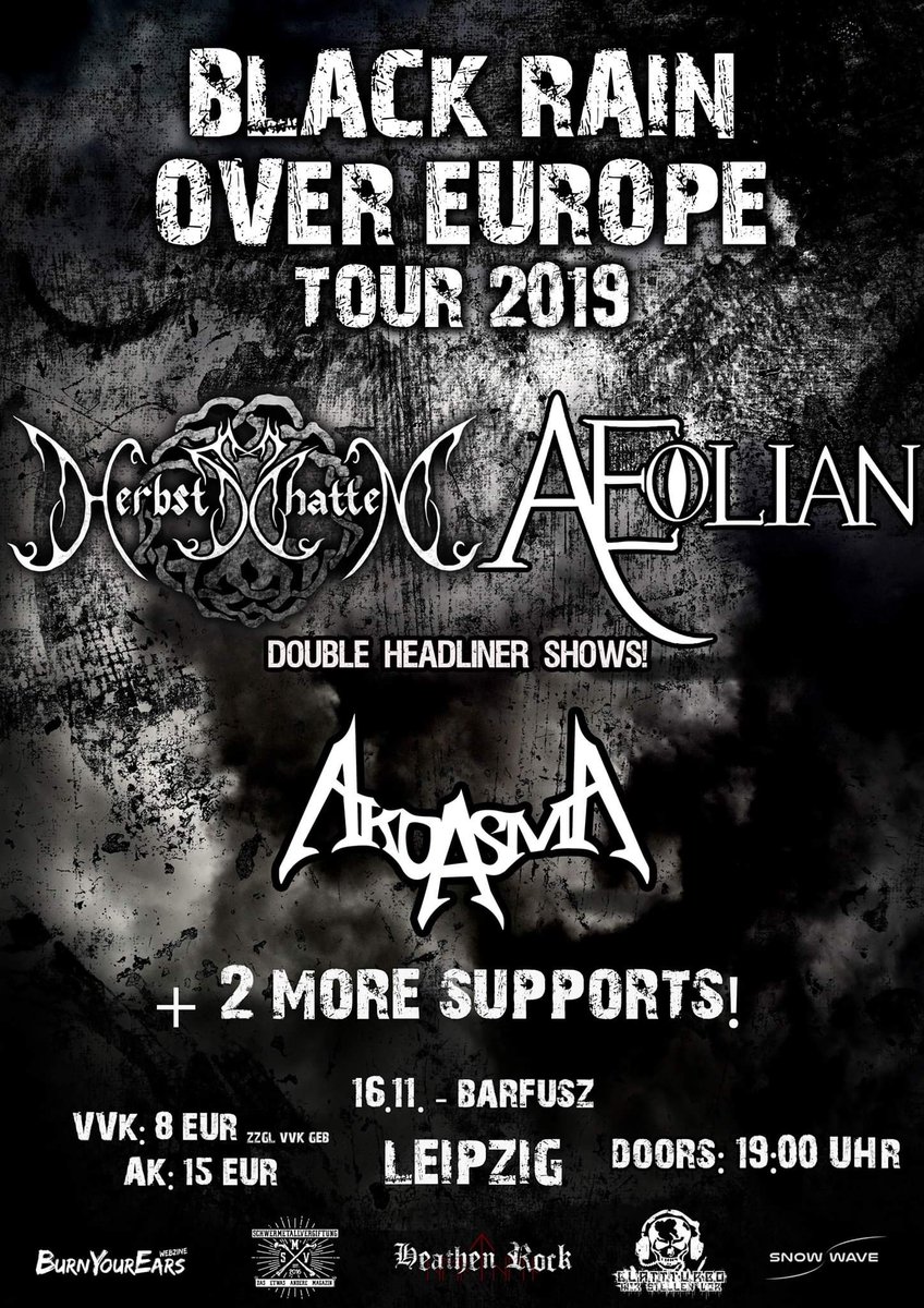 aeolianmetal's tweet photo. Double headliner show with Herbstschatten from Hamburg. November 16 at Barfusz venue in Leipzig (Germany).
#aeolianband #liveshow #barfusz #leipzig #herbstschatten #blackmetal #melodicdeathmetal #metalgig #tour2019 #Germanyliveshow #Leipzigmetalshow #deutschlandgig https://t.co/7bpuPMEmK2