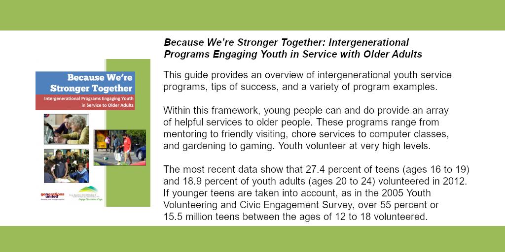 A3. #Intergenerational activities are a great way to promote social engagement for #olderadults and youth. It’s a win-win. Learn more at bit.ly/2ZkW2JH #engAGEDaging #engAGED