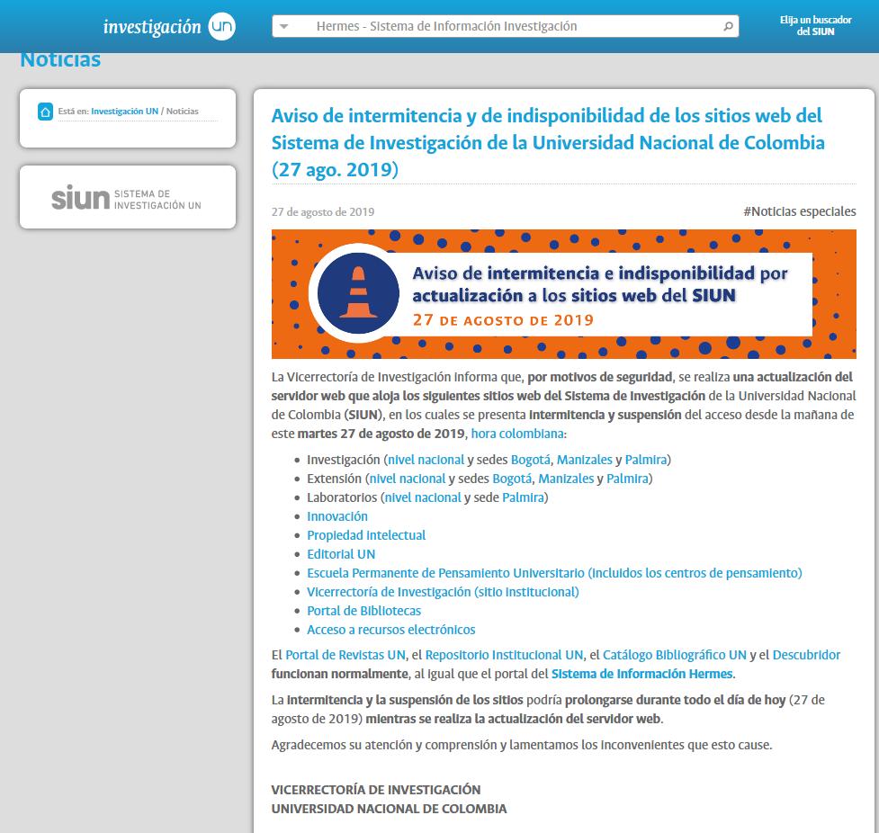 VRIUNAL's tweet photo. ⚠️ Aviso de intermitencia y de indisponibilidad de los sitios web del Sistema de Investigación de la @UNColombia (27 ago. 2019) 

@dirsinab @Extension_UN @UN_innova @editorialUN @DIEB_UN @UNManizales @UN_Palmira @CPMedicamentos @CMeritocraciaUN 

ℹ️ https://t.co/ruvoOHRfo1 #Unal https://t.co/NLp235tbWt