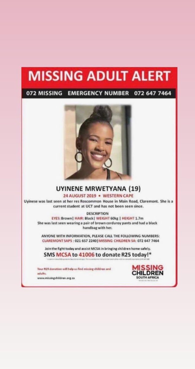 All I’m asking for is RT. Please you don’t know who it can reach. Please 
#Uyinene #bringNenehome