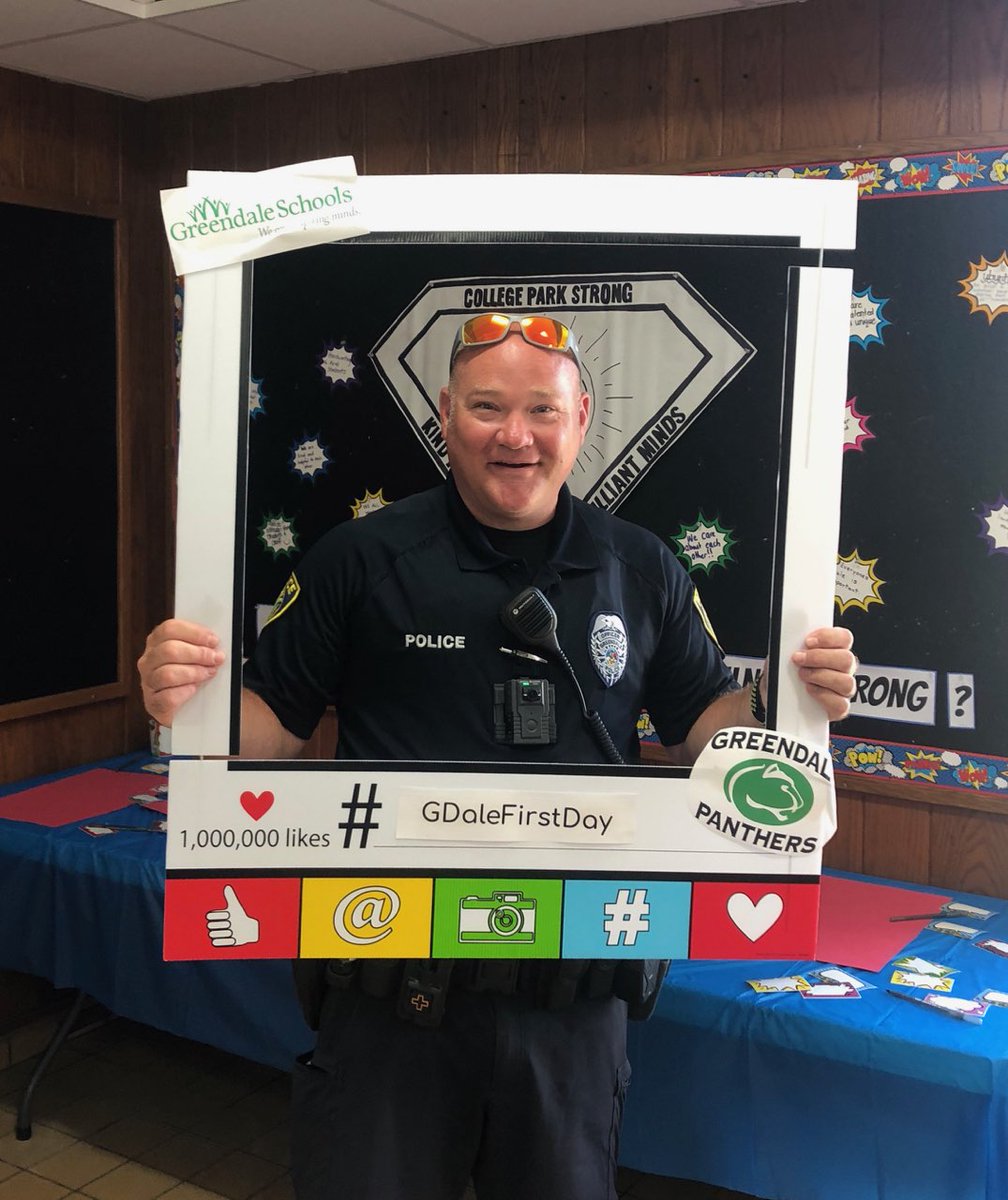 GreendaleLearns's tweet photo. District Nurse Amanda Smith, RN, MSN, Brian Koffarnus, Director of Buildings &amp; Grounds and Greendale Police Officer/School Resource Officer (SRO) Jeremy Vlaj were happy to celebrate the first day of the 2019-20 school year! #PantherPride #GDaleFirstDay https://t.co/lmAwIffuDd