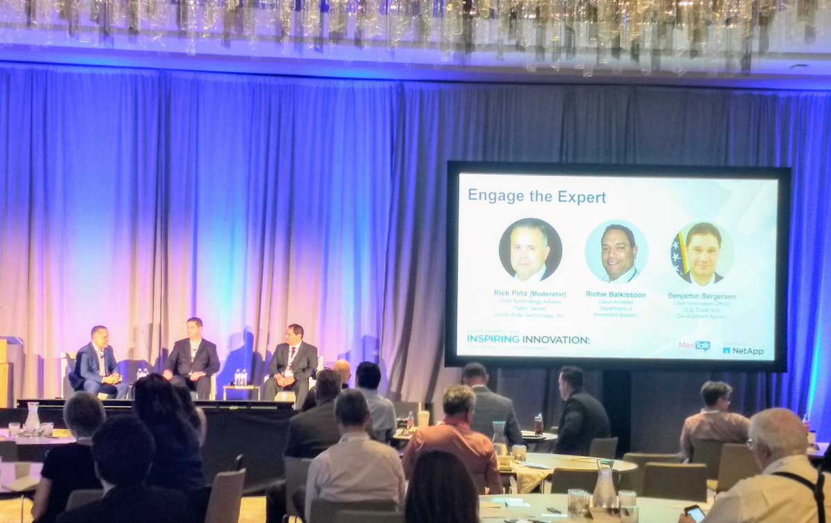 NetAppGov's tweet photo. What a great panel moderated by @wwt_inc @rickpina . These #DataThrivers are definitely inspiring innovation within their agencies. #CloudConnect https://t.co/B6h3nRR3H5