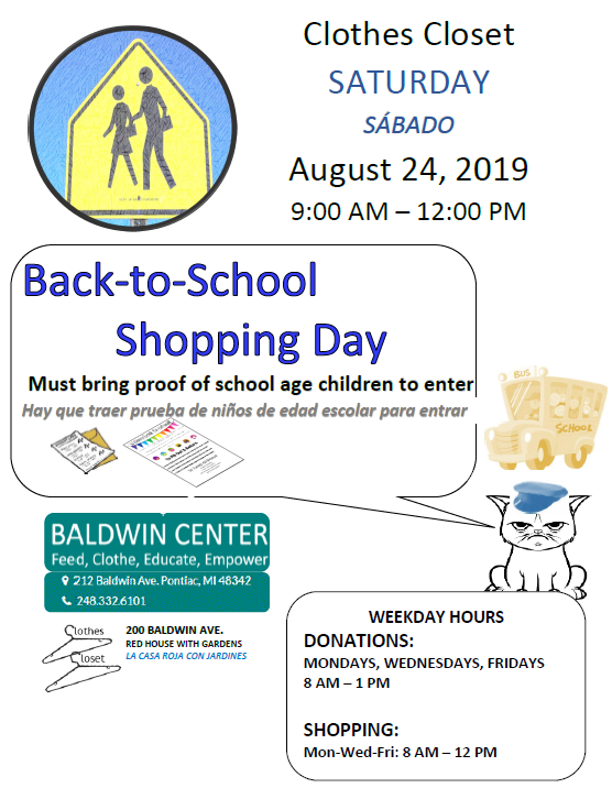 Clothes Closet 4th Saturday (August 24) is for families with K-12 students.  The Clothes Closet is happy to accept donations of new or gently used back-to-school items... especially PANTS, SKIRTS, and JUMPERS in BLACK, NAVY, or KHAKI and any suitable school SHOES! Thank you!