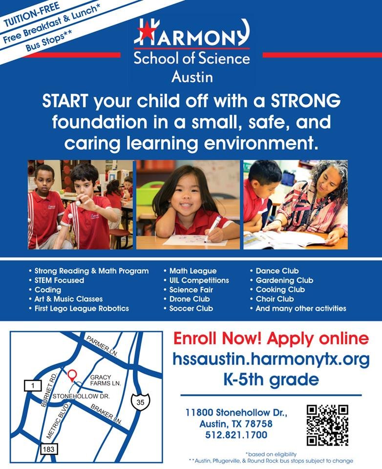 We have limited spots still available!!! If you are interested in a TUITION-FREE charter school education program, call 512-821-1700 to schedule a tour or apply today online at hssaustin.harmonytx.org. We're so excited to hear from you soon!