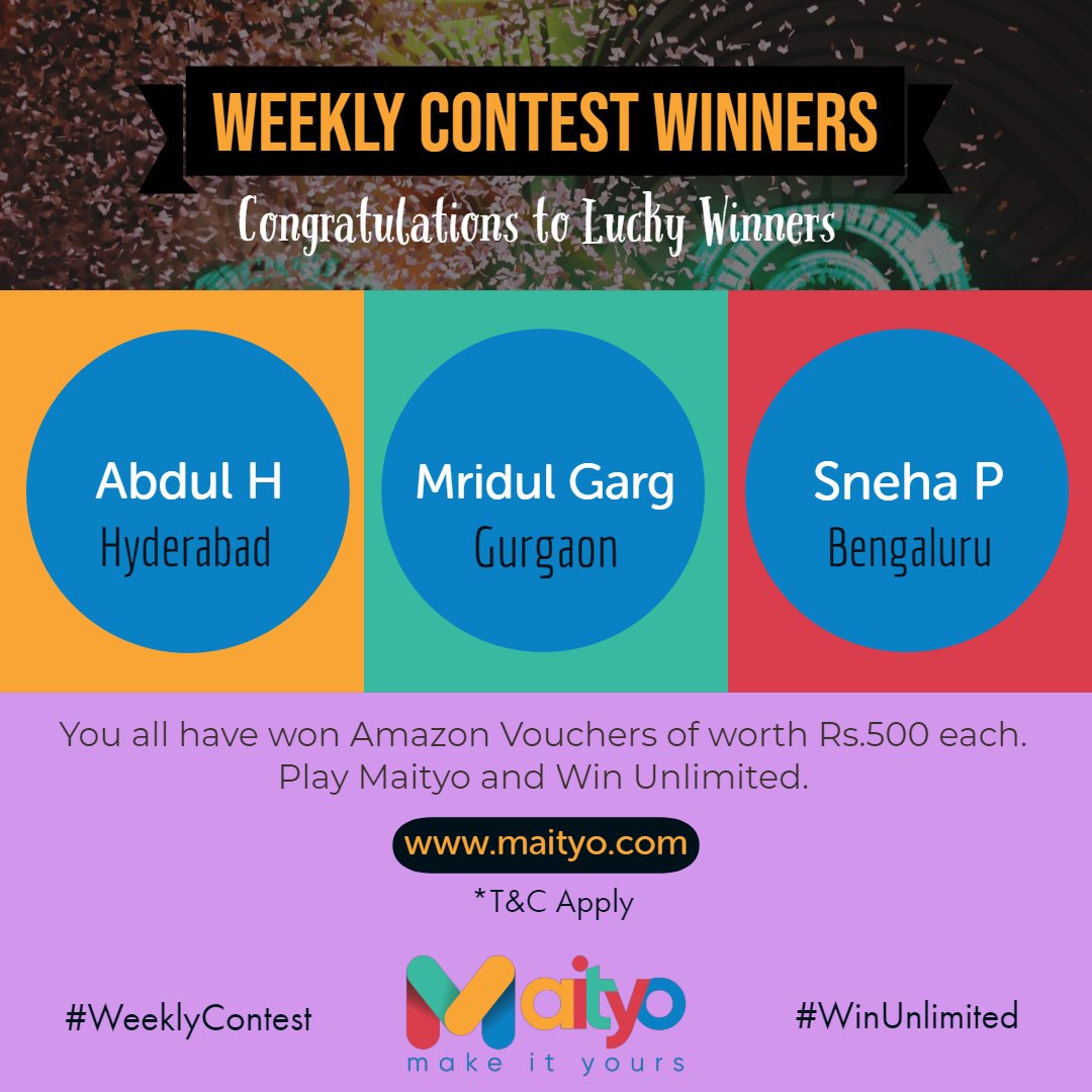 MaityoLive's tweet photo. #WinnerAnnouncement: Congratulations to all the #Winners of #WeeklyContest ending August 18, 2019. You will be communicated shortly through your registered Email ID to process your #prizes.

If you're new to Maityo, check out the Contest details here: https://t.co/7RpEWQ5Sy6 https://t.co/98Hg407hHQ