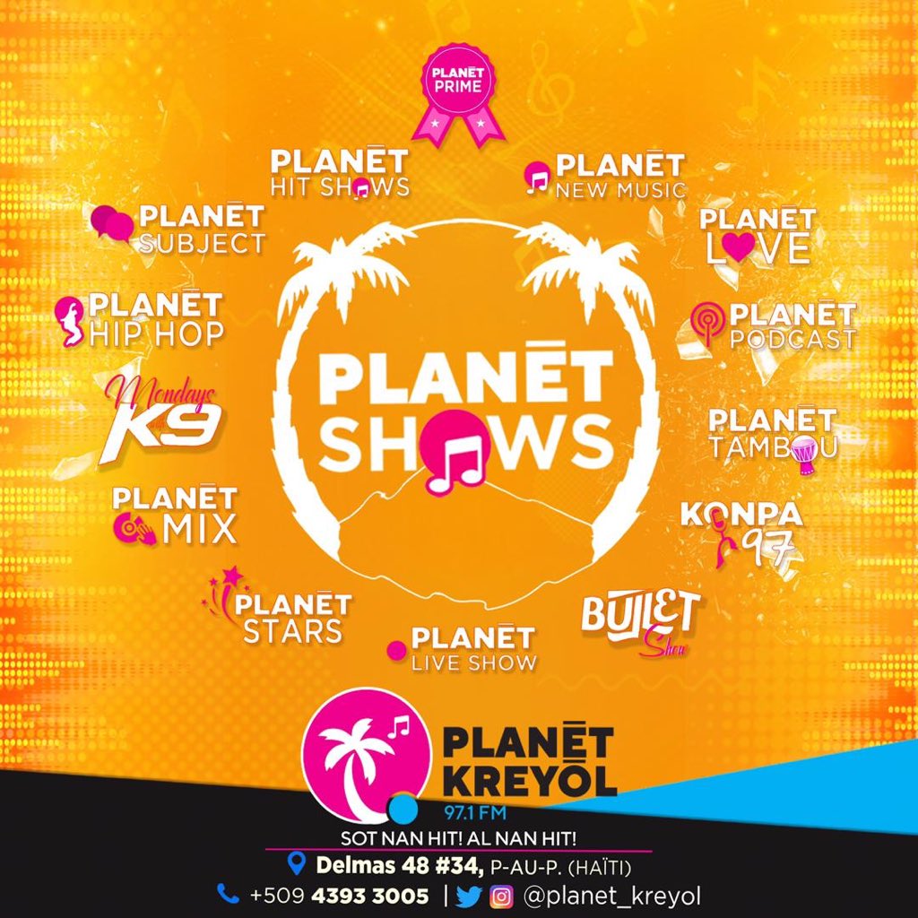 planetkreyol971's tweet photo. PLANET SHOWS!!! Get ready for the best shows on the best radio!!! PLANET KREYOL 97.1 FM se radyo moman an!! Pa gen lòt! #planetsubject #planethiphop #planetmix #planetstars #planethitshows #planetnewmusic #planetlove #planetpodcast #planetambou #konpa97 #mondayswithk9 #bulletshow https://t.co/FFho8WZ9R7