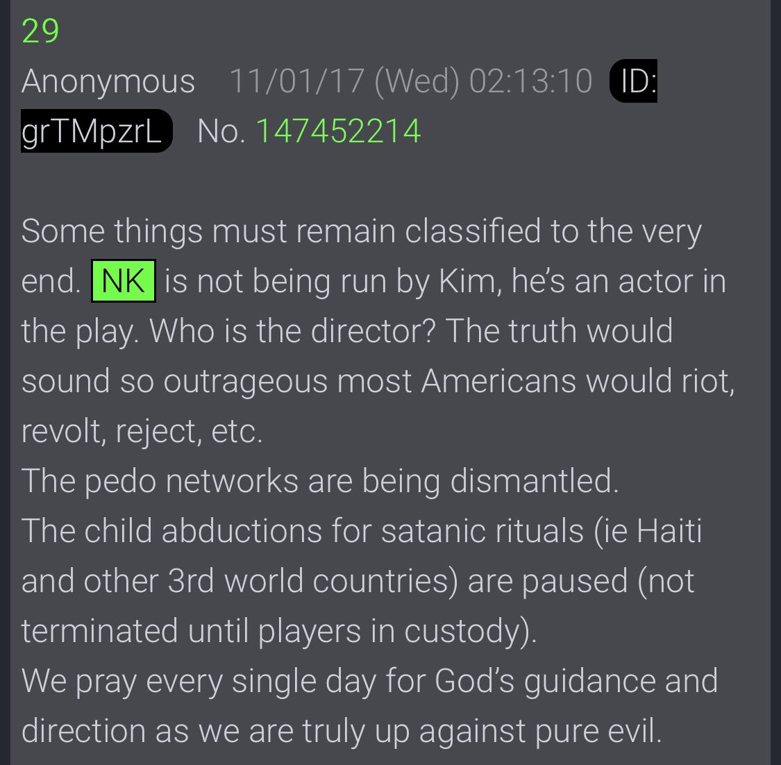 Q29. Some things must remain classified to the very end. NK is not being run by Kim, he’s an actor in the play. Who is the director? The truth would sound so outrageous most Americans would riot, revolt, reject, etc. NRO!? Symbolism will be their downfall.  @POTUS