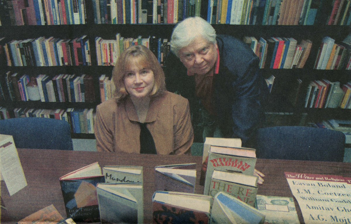 WashULibraries's tweet photo. We're saddened by the passing of Lorin Cuoco, longtime supporter of #WULibraries and the STL literary scene. She will be missed. Shown below: Lorin and author William H. Gass in 1984. https://t.co/6EVLxoX50Q
