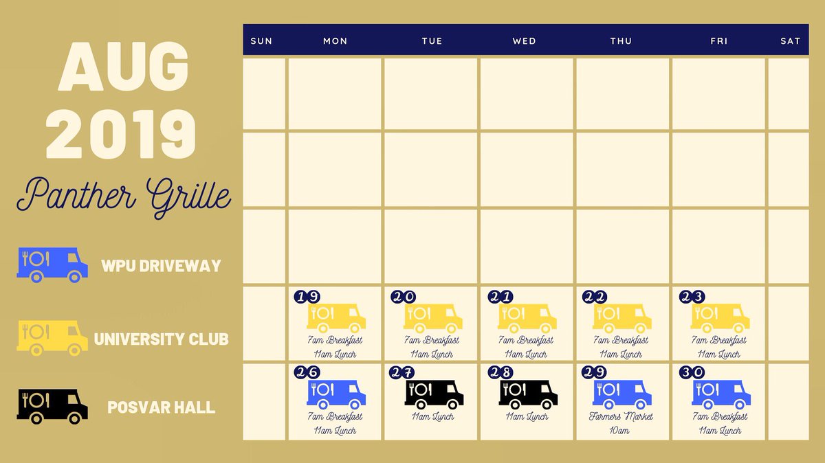 PantherGrille's tweet photo. day 2 of arrival is underway and it’s almost time for lunch!•
•
Head up to the University Club until 2pm today and grab a delicious lunch!•
•
Can’t make it today? Here is the schedule for the rest of August! Stay social to keep up with where &amp; when we’ll be out every day! https://t.co/pyyNN1keNg