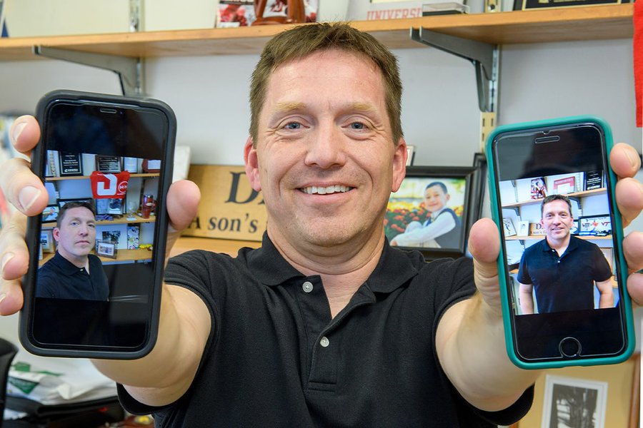 Professor Chris Barry displays a selfie (left) and a posie (right) on two phones. Photo illustration by Bob Hubner/WSU.
