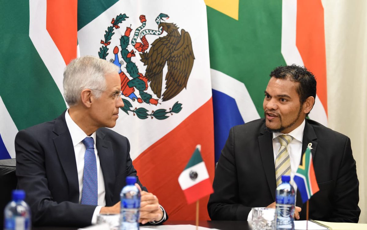 DIRCO_ZA's tweet photo. The Deputy Minister of International Relations and Cooperation @alvinbotes welcome Minister of Foreign Affairs of the United Mexican States, Mr Julián Ventura, for a bilateral meeting. #SAMexicoRelations @GovernmentZA @UbuntuRadioZA https://t.co/miSQaYl8np