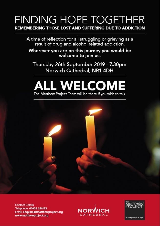 MatthewProject's tweet photo. Our annual service of remembrance for those lost and suffering due to #substancemisuse @Nrw_Cathedral
Thursday 26th September, 7.30pm #findinghopetogether https://t.co/XpzduwYzkd
