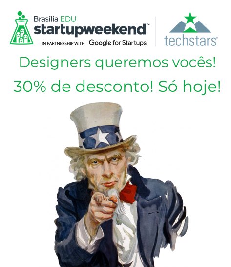 Designers que se inscreverem no Startup Weekend Brasília Educação  terão 30% de desconto! Uma promoção exclusiva e que só vale para hoje (20/08)!

Basta entrar na página do evento no Sympla: bit.ly/swbsbedu  e usar o código DSGNSW

O evento acontecerá de 23 a 25/08.