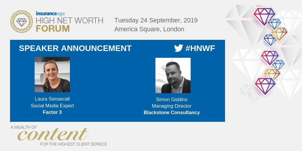InsuranceAge's tweet photo. What are the benefits and potential dangers of social media for your high net worth clients? Find out from @Blackstone_CLtd and @LauraSensecall at @Factor3Tweets at the #HNWF: 
 https://t.co/SMy6YYf2Ci https://t.co/8es9mWpZXd