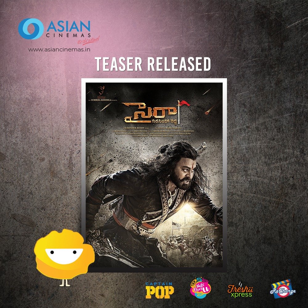 AsianCinemas_'s tweet photo. Presenting to you the much awaited teaser of #SyeRaaNarsimhaReddy #SyeRaaMaking #MegaStarChiranjeevi @amitabhbachchan @actorvijaysethuathi @KicchaSudeep @tamannaahspeaks #AsianCinemas #InstaDaily #InstaHub #ItsShowtime https://t.co/I87ePSBPh0