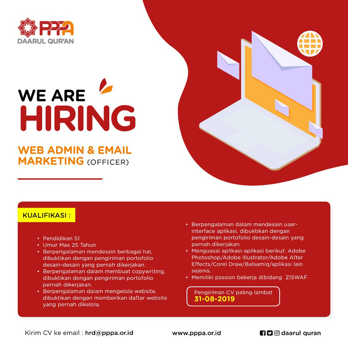 Daarul_Quran's tweet image. [OPEN RECRUITMENT]

[WEB ADMIN &amp;amp; EMAIL MARKETING PPPA DAARUL QUR&apos;AN]
Selengkapnya Klik : linkedin.com/jobs/view/1164…

pppa.or.id
#pekerjaan #lowonganpekerjaan
#webadmin #daarulquran
