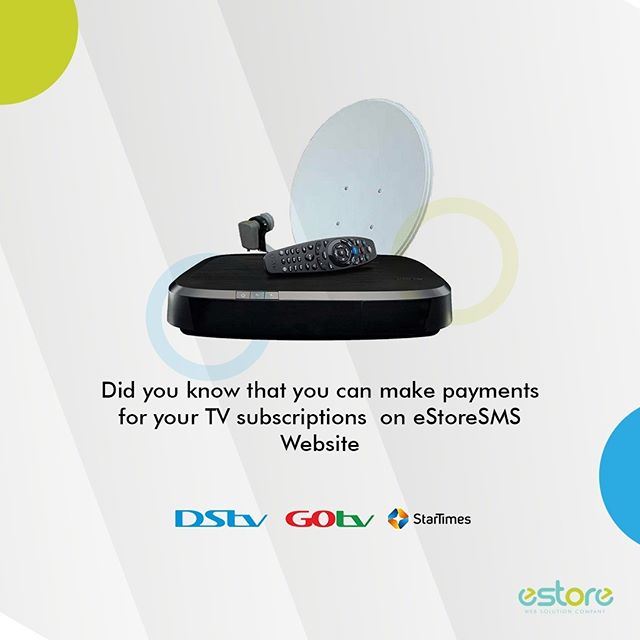 Pay For your Tv Subscription on estoreSMS.com without transaction charges. .
.
.
.
.
.
.#eStore #eStoreSMS #eStoreSMSApp #DataSubscription #BillPayment #BulkSMS #Airtime
#CableTv #TvSubscription

📸 instagram.com/p/B1Yg_RxA9pM/ via tweet.photo