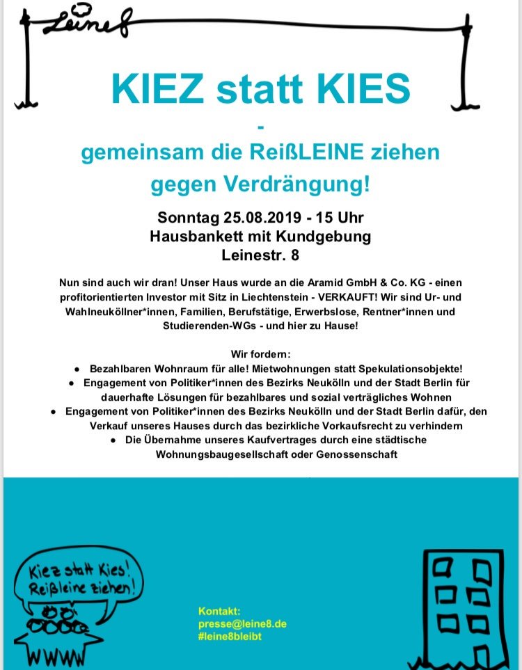 Von #Aramid gekauft werden heißt: Austausch von Mieter*innen, steigende Mieten, Wohnungssanierungen &amp; richtig, richtig freche Gewerbemieten. Deswegen wehren wir uns! Kommt zur Kundgebung am Sonntag, den 25. August um 15 Uhr! <a href="/krossener36/">Krossener36</a> <a href="/derjochen/">Jochen Biedermann</a> <a href="/hobrecht59/">Hobrecht59</a> <a href="/Sander11_11a/">Sander11_11a</a>