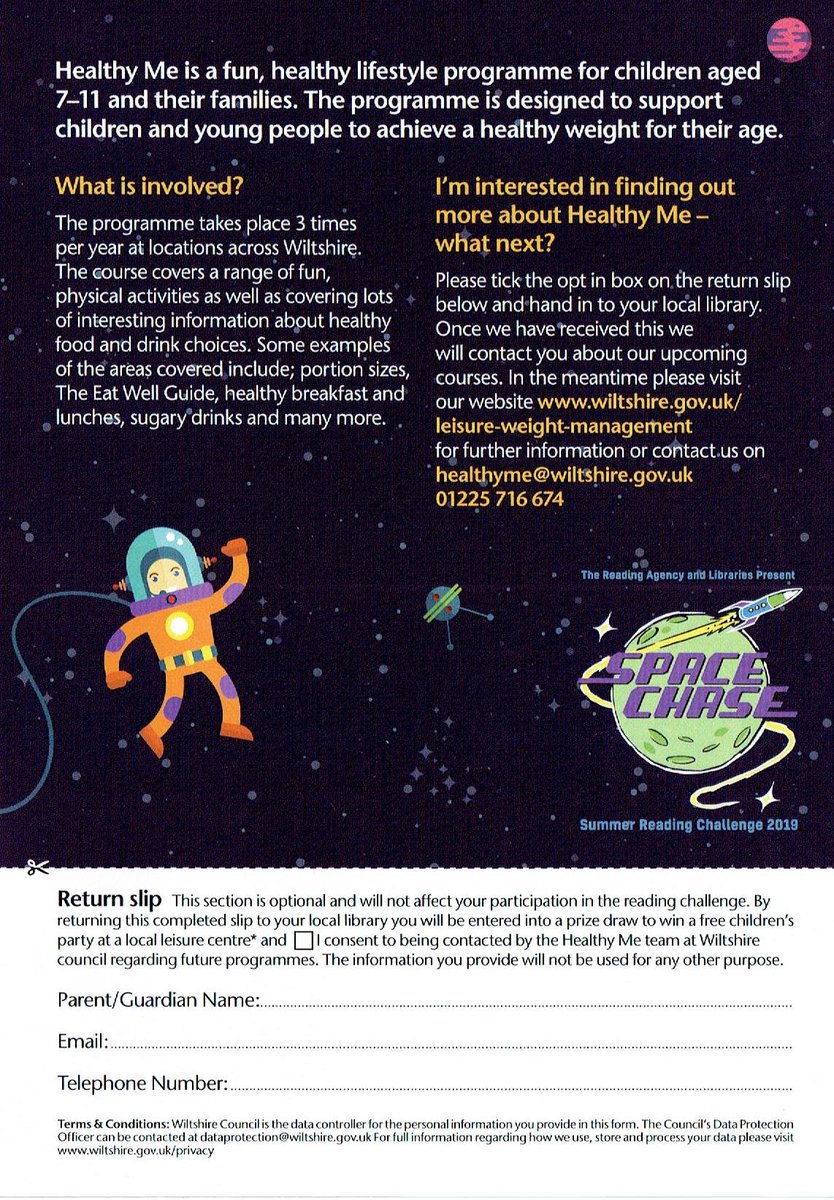 WiltsLibraries's tweet photo. Don’t forget there is still time for 4-11s to take part in our fun #AstronautTrainingProgramme challenge &amp; win a free family swim. It's free to join, pick up a leaflet at the library, ends 7/9. On completion there is a prize draw to win a children’s party! @Sport4Wiltshire https://t.co/2EjmhARuLi