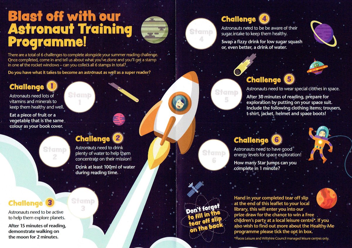 WiltsLibraries's tweet photo. Don’t forget there is still time for 4-11s to take part in our fun #AstronautTrainingProgramme challenge &amp; win a free family swim. It's free to join, pick up a leaflet at the library, ends 7/9. On completion there is a prize draw to win a children’s party! @Sport4Wiltshire https://t.co/2EjmhARuLi