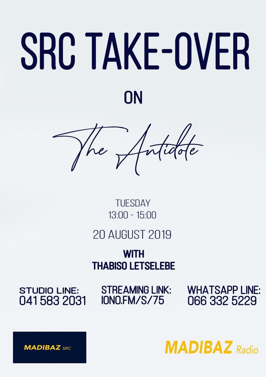 MadibazRadio's tweet photo. You are now tuned into #TheAntidote with your guest host @Letselebe only on the best youth station in the Bay!
Click link to listen live:
https://t.co/IEWbQCKzj8
#SRCTakeover
#MadibazSRC
#MadibazRadio https://t.co/6szyxiD2mC