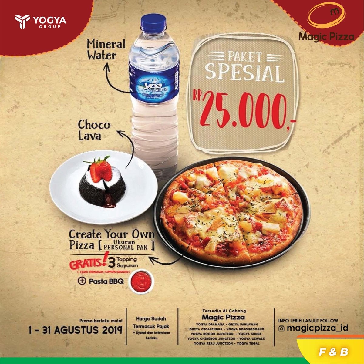 info_yogyagroup's tweet photo. Nikmati promo ini di semua cabang yang ada Magic pizza-nya, kecuali Yogya Lembang, Yomart Garuda, dan Yogya Subang.

Follow @magicpizza_id untuk info lengkap seputar #MagicPizza 

#HanyaDiYogya #YOGYAGROUP 
#Pizzalovers #Pizza 
#Createyourownpizza #Chocolava #Buzzforfood https://t.co/54rV6KfIAN