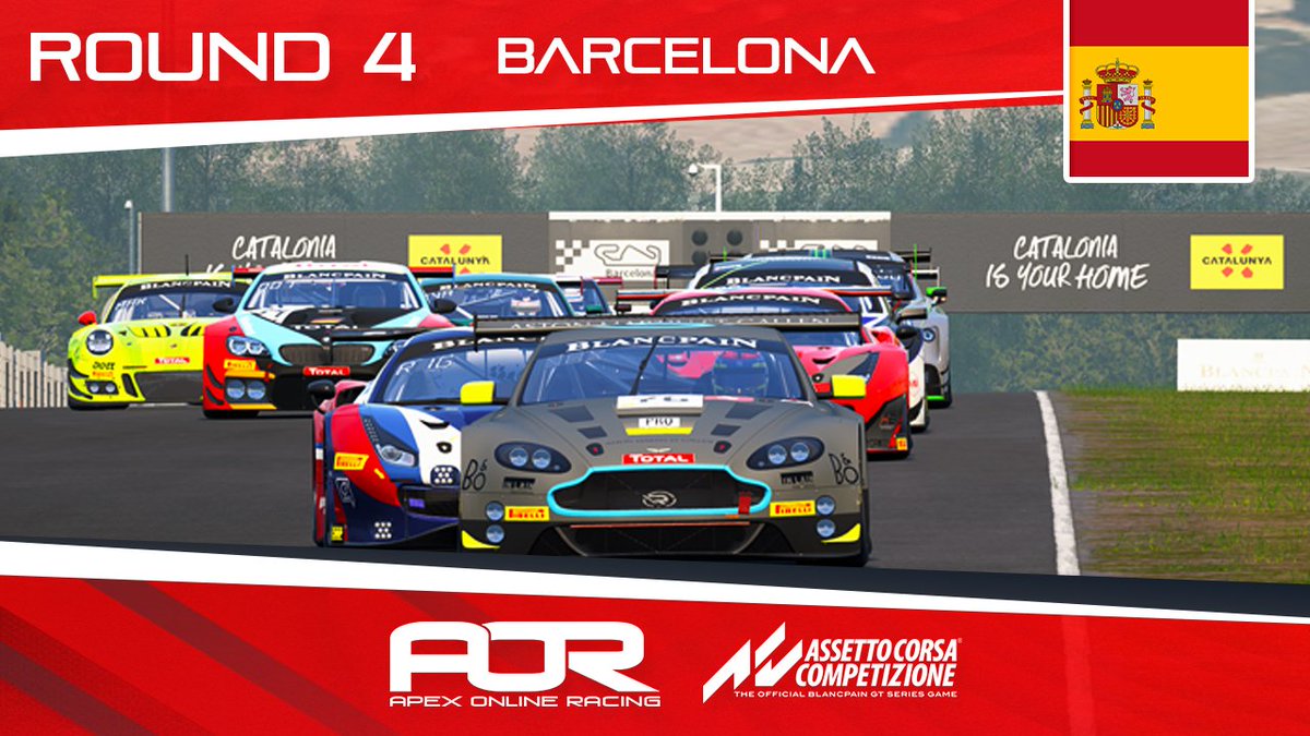 ApexOnRacing's tweet photo. 🚥 #AORACC GT3 Race Day 🚥

The AOR Assetto Corsa Competizione GT3 league is on it's fourth round of the season already! ✨

Find out how the drivers navigate this fast classic Spanish circuit in their GT3 cars 🏁 

🎮 @AC_assettocorsa
📍 Round 4 | Barcelona 🇪🇸
🕗 8PM (BST) https://t.co/Y5mmnWFzL7