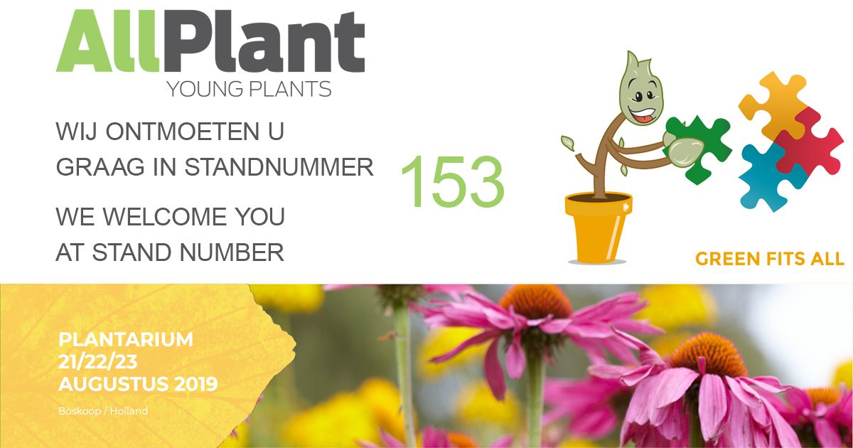 The next three days (21-22-23 August) we will participate in Plantarium in Boskoop. We welcome you at stand number 153.

#greenfitsall #plantarium2019 #plantariumbeurs #boskoop #gootjesallplant #allplant #weefselkweek #noviteiten #novelties #youngplants #tissueculture