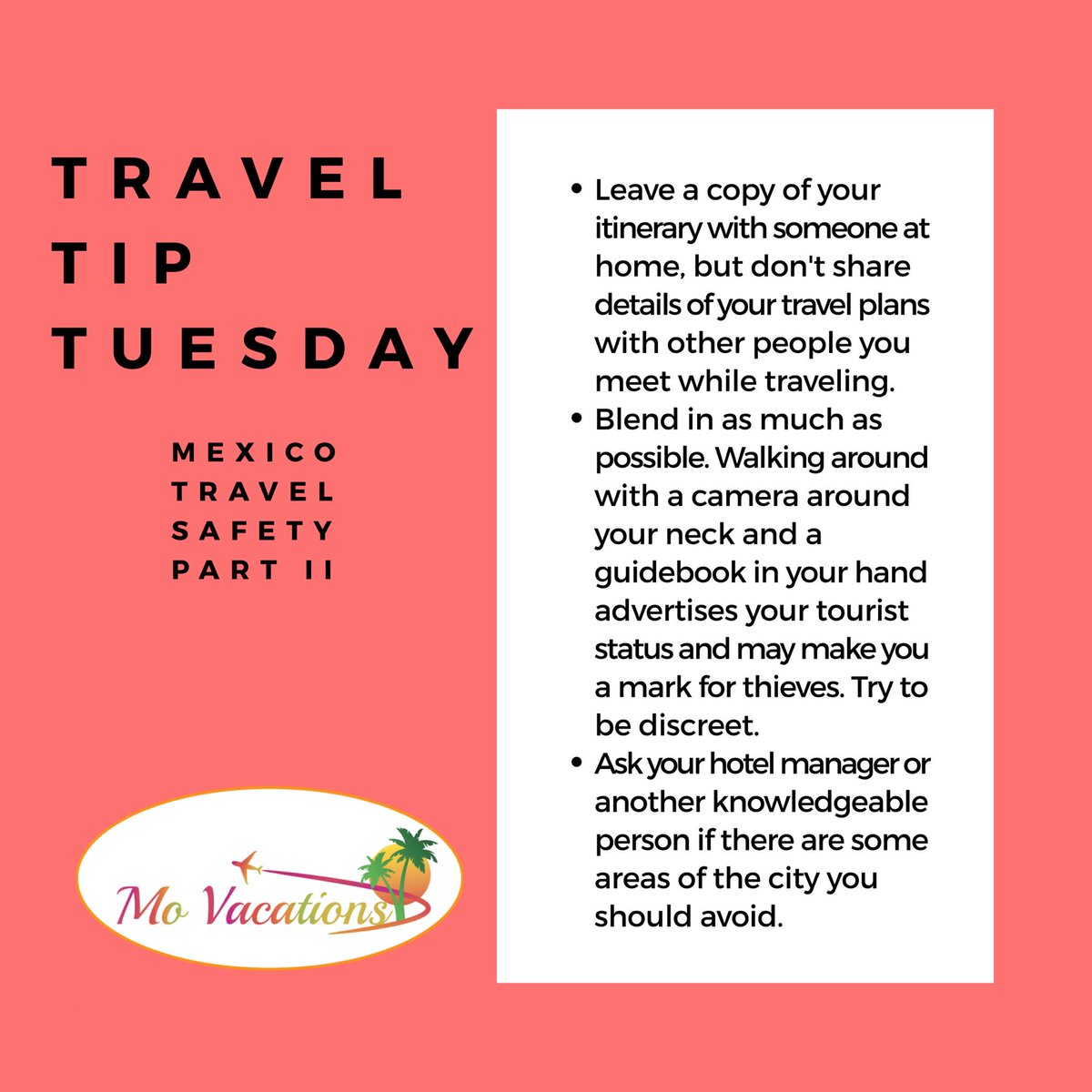 MoVacations's tweet photo. Mexico Travel Safety Part II
-
What are you waiting for? DM for details. 
#savethedate #bookthetrip #movacationsnow #igo4less #travelsavings #businesspartner #workwhenever #travelagent #dreamvacation #bucketlist #hotel #becomeamember #ttt #traveltiptuesday #mexico #tripsavvy https://t.co/6IKq9CtcqW