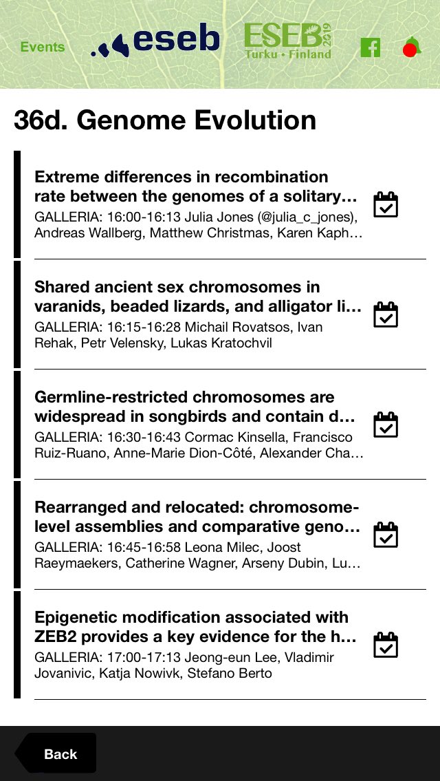 WenJuanMa84's tweet photo. #ESEB2019 @ESEB2019
Come and check a nice collection of our Open Symposium theme w/ Alexander Nater on
#GenomeEvolution talks part 1
S36d
Galleria room
16:00-17:15 Today soon:
#RecombinationRate
#SexChromosomes
#GermLineChromosomes
#epigenetics
etc. https://t.co/XgsUvlsI8Q