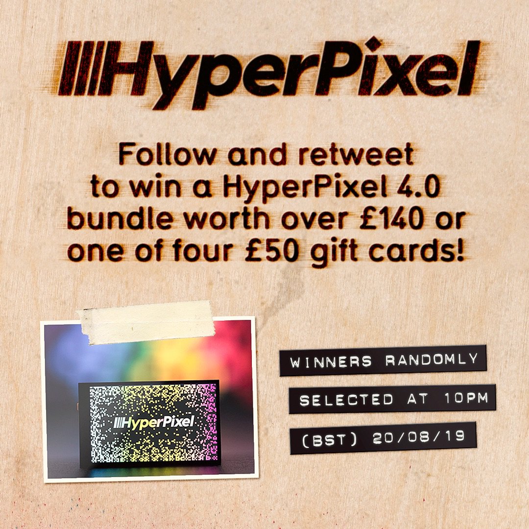 Aaaaaand here we go! 🎉

It’s day one of seven in our 7th birthday giveaways. Up for grabs is a HyperPixel 4.0 Touch bundle worth over £140 or one of four £50 Pimoroni gift cards!

Follow and retweet to be in with a chance. Winners selected randomly tonight at 10pm-ish!